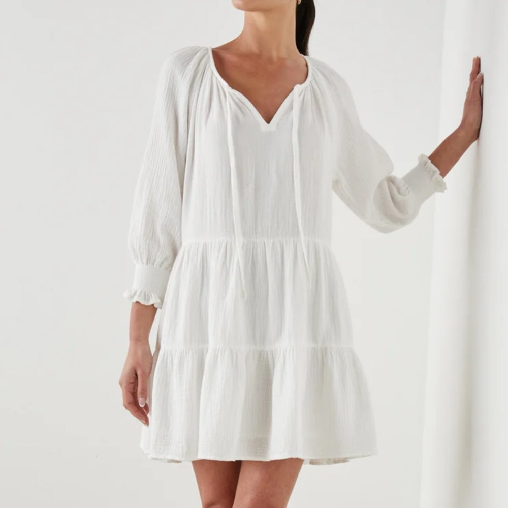 Rails White Sia Tiered Organic Cotton Gauze Dress XL Balloon Sleeve